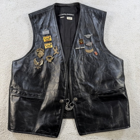 Harley Davidson Leather Vest Mens 44 Black HOG Motorcycle Club Patch Pins NJ